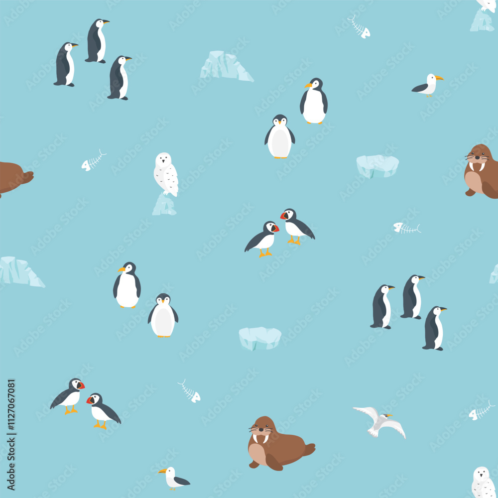 Obraz premium Polar animals seamless pattern. Cute Cartoon arctic animals background. Vector Illustration.