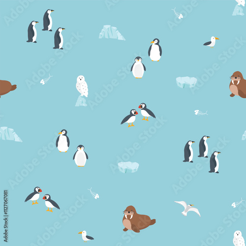 Polar animals seamless pattern. Cute Cartoon arctic animals background. Vector Illustration.