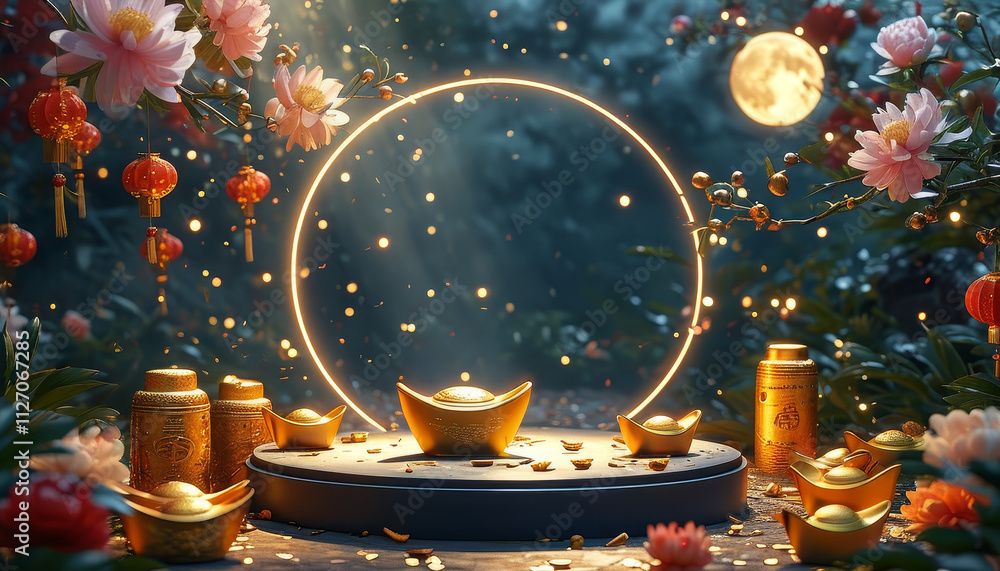 Lunar new year product display podium mockup, presentation space, moonlit garden filled with traditional firecrackers, jade charms, gold ingots symbolizing fortune, Lunar New Year elegance and prosper Lunar new year product display podium mockup, presentation space, moonlit garden filled with traditional firecrackers, jade charms, gold ingots symbolizing fortune, Lunar New Year elegance and prosper