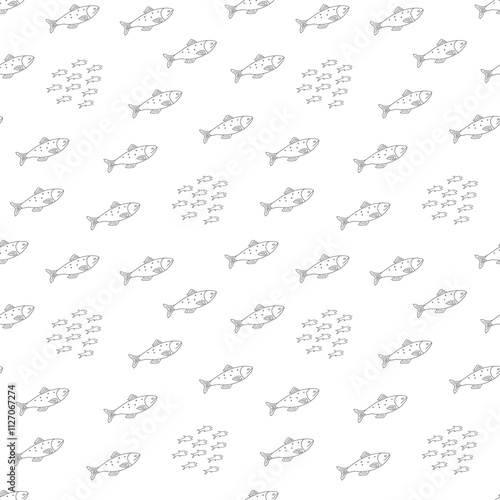 Cute fish seamless pattern. Cartoon salmon and sardines, background. Vector Illustration.