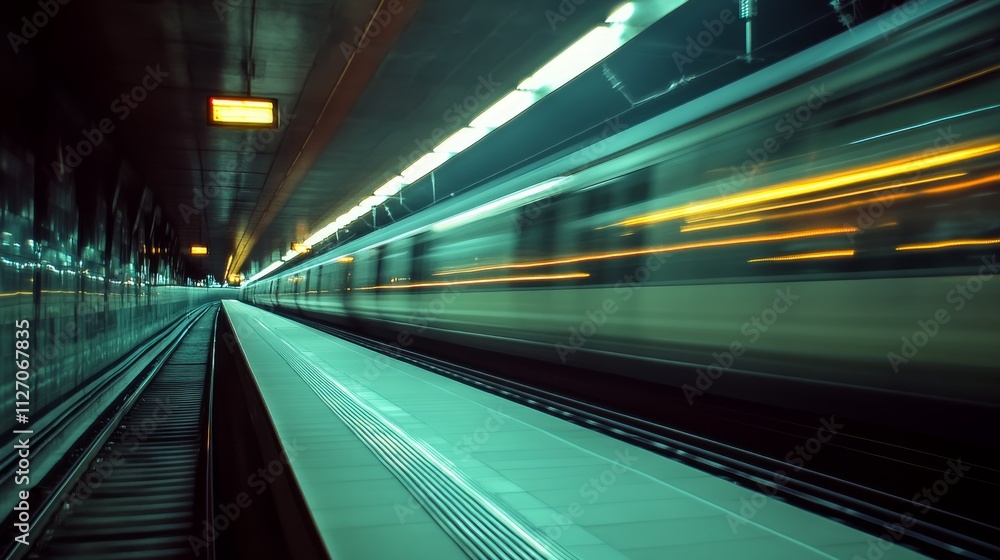 Fast moving train in a modern subway station at night. Fast moving train in a modern subway station at night.