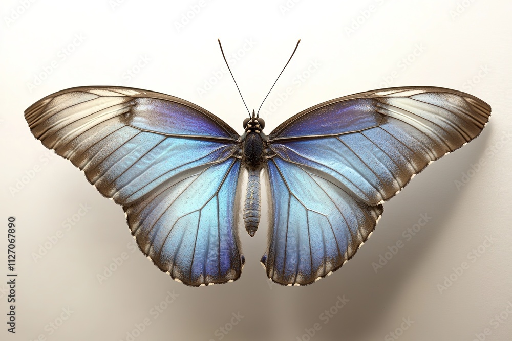 single blue morpho butterfly with radiant iridescent blue wings displayed against white background single blue morpho butterfly with radiant iridescent blue wings displayed against white background
