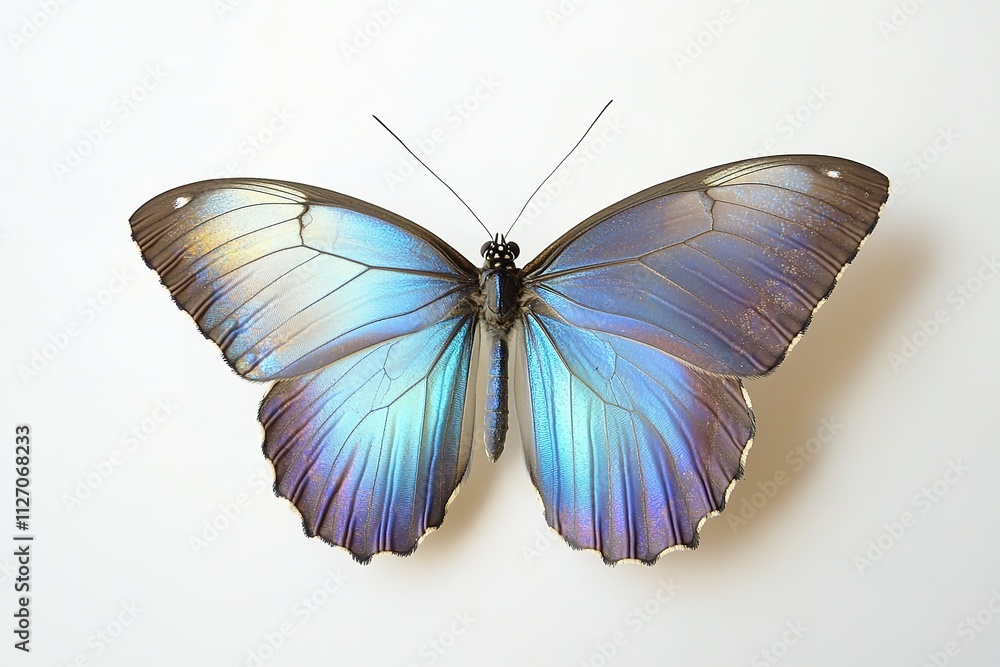single blue morpho butterfly with radiant iridescent blue wings displayed against white background single blue morpho butterfly with radiant iridescent blue wings displayed against white background