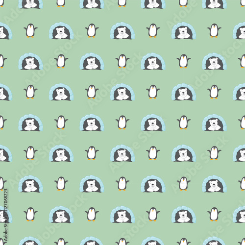 Cute Cartoon penguin and polar bear seamless pattern background. Vector Illustration.