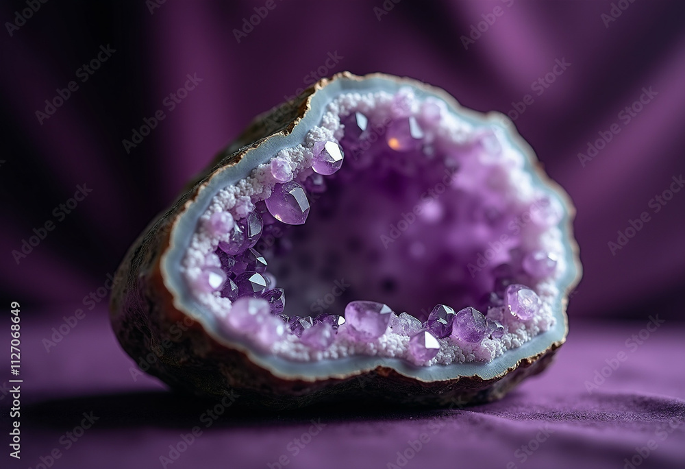 A mesmerizing amethyst geode showcasing vibrant purple crystals within its hollowed interior. A mesmerizing amethyst geode showcasing vibrant purple crystals within its hollowed interior.