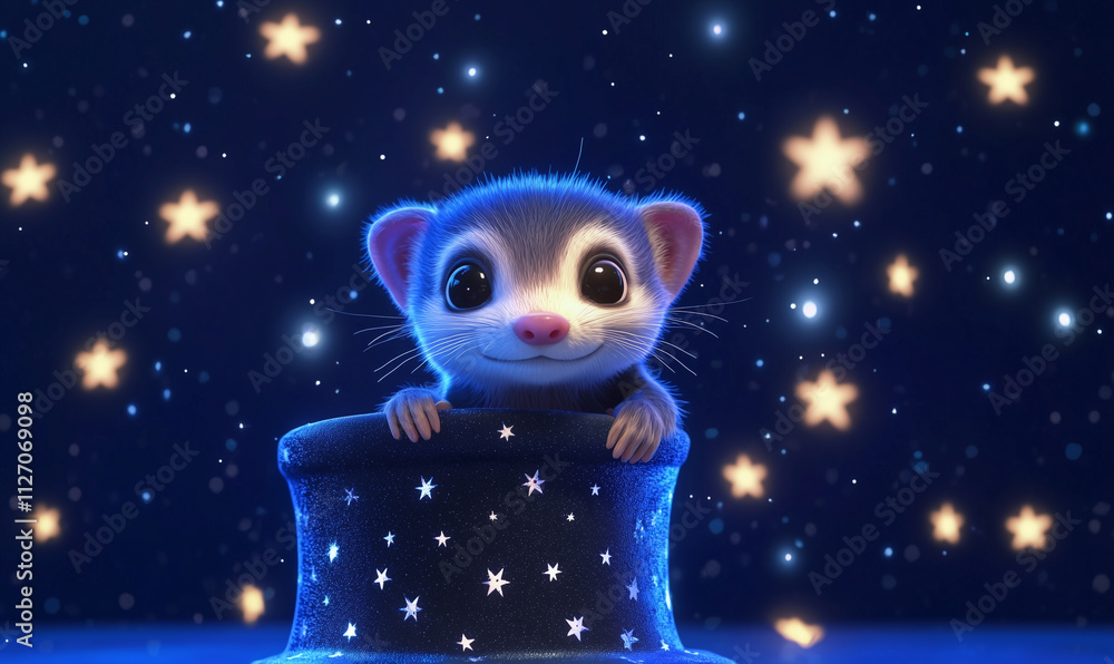 A cute, cartoonish forret creature peeks out from a starry night sky, exuding a whimsical and playful charm. A cute, cartoonish forret creature peeks out from a starry night sky, exuding a whimsical and playful charm.