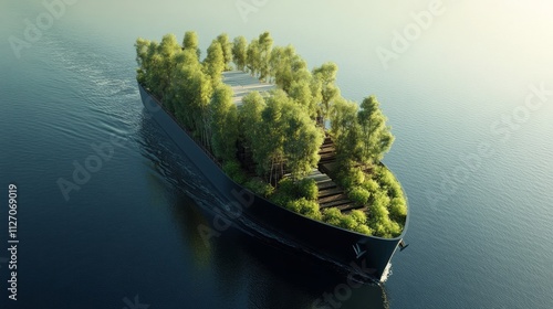 Floating island of trees and plants on a sleek, dark vessel navigating calm waters at sunrise. photo