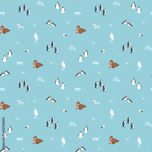 Polar animals seamless pattern. Cute Cartoon arctic animals background. Vector Illustration.