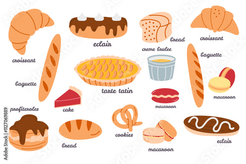 Collection hand drawn french cuisine bakery