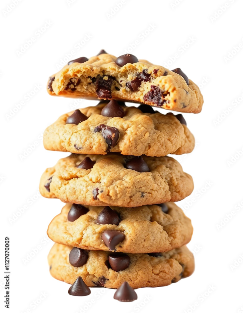 Stack of Chocolate Chip Cookies on White Background, Perfect for Dessert and Snack Concepts, PNG Transparent.