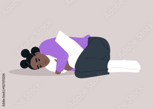 A young female African character squeezing a pillow, grief and sorrow concept, depression and anxiety