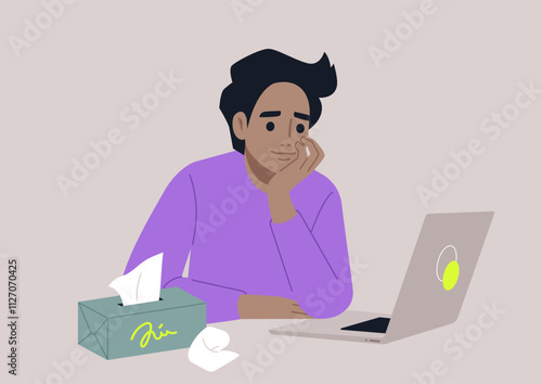 In a comfortable and warm environment, a person reflects on their feelings during an online psychotherapy session, with tissues close by for tears and a laptop open for connection