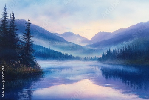Serene Mountain Lake Sunrise Soft Hues Of Blue And Purple
