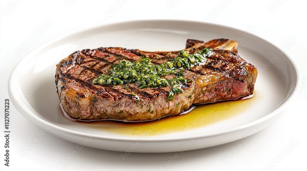 Grilled steak with chimichurri sauce on white plate. Grilled steak with chimichurri sauce on white plate.