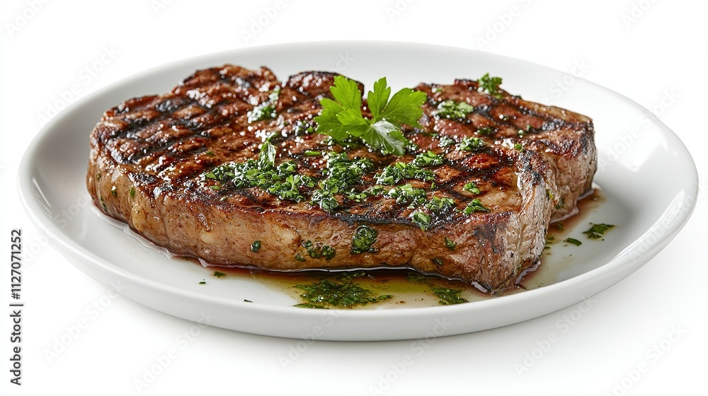 Grilled steak with chimichurri sauce on white plate. Grilled steak with chimichurri sauce on white plate.