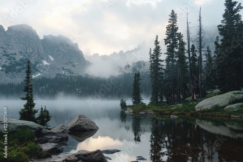 Misty Mountain Lake Reflecting Majestic Peaks photo