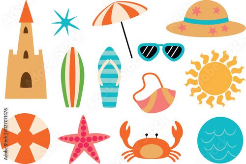 Summer Beach Fun Sandcastle, Surfboard, Sun, and Sea Icons
