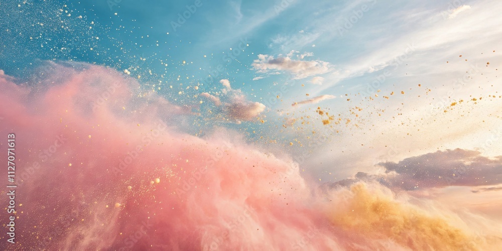 Fototapeta premium Golden Particles Exploding Through Pink and Yellow Clouds In A Vibrant Sky