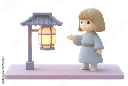 3D Animated Girl Presents Illuminated Lantern on Platform Chinnese New Year photo