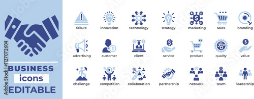 Professional business vector icons featuring finance, marketing, teamwork, analytics, strategy, and growth solutions