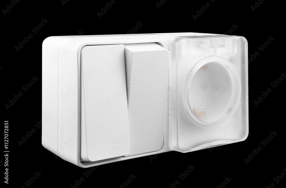 Electric light switch and socket isolated on white background. Electrical power socket and plug switched. Electric light switch and socket isolated on white background. Electrical power socket and plug switched.