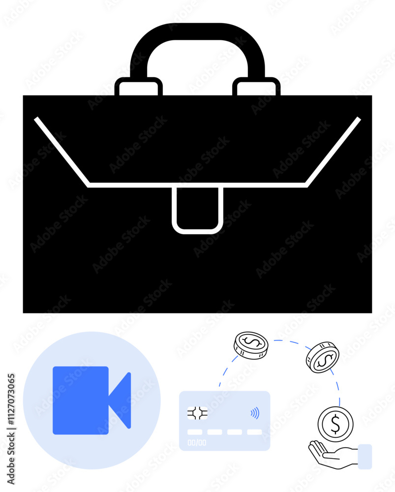 Business briefcase, blue video icon, credit card, coins, and hand with money. Ideal for financial services, banking, digital payments, e-commerce business planning wealth management and online