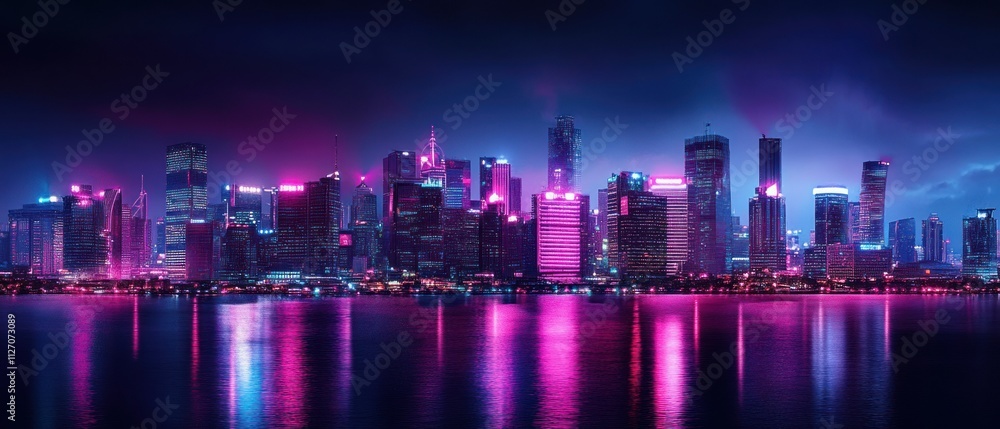 Fototapeta premium Background of cyberpunk city buildings illuminated neon lights Glowing pink and purple neon signs, wallpaper AI generated image