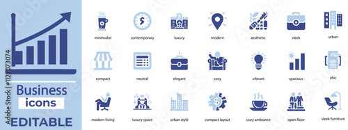 Professional business vector icons featuring finance, marketing, teamwork, analytics, strategy, and growth solutions