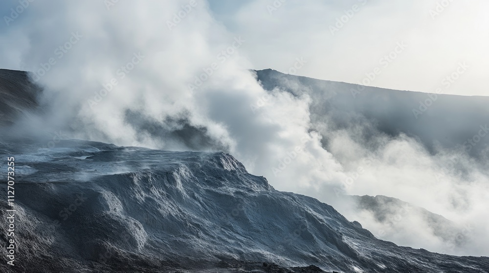 Geothermal vents emitting steam and vapor, creating a dramatic landscape with textured, grey-blue rock formations and misty atmosphere. Geothermal vents emitting steam and vapor, creating a dramatic landscape with textured, grey-blue rock formations and misty atmosphere.