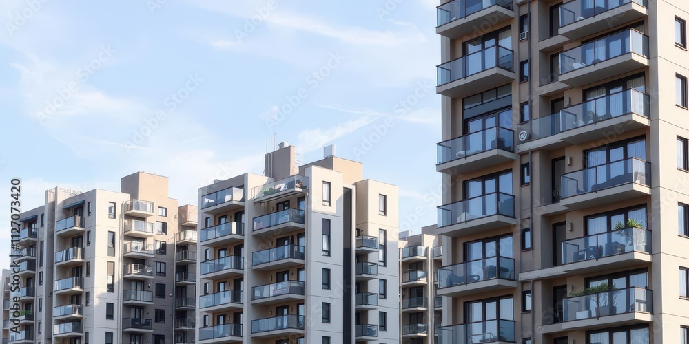 Modern module apartment block with sleek design and clean lines, featuring balconies and large windows for lots of natural light, exterior, balconies Modern module apartment block with sleek design and clean lines, featuring balconies and large windows for lots of natural light, exterior, balconies