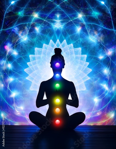 A serene yoga silhouette showcasing vibrant chakra energy against a mystical blue background.  Perfect for meditation, spirituality, and holistic well-being.