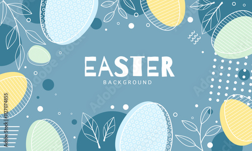 Happy Easter banner. Trendy Easter design with typography, eggs in pastel colors. Modern minimal style. Horizontal poster, greeting card, header for website. photo