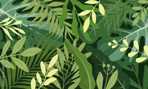 Vector isolated green tropical plants seamless pattern with black palm leaves on a green background.