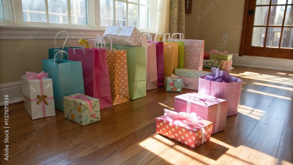 A collection of wrapped gifts in various colors and patterns, featuring ribbons and bows, sit on a hardwood floor with a window behind them A collection of wrapped gifts in various colors and patterns, featuring ribbons and bows, sit on a hardwood floor with a window behind them