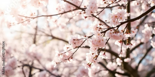 Pink sakura petals gently falling against a blurred background of cherry blossom trees and soft sunlight, bloom, nature, sunlight