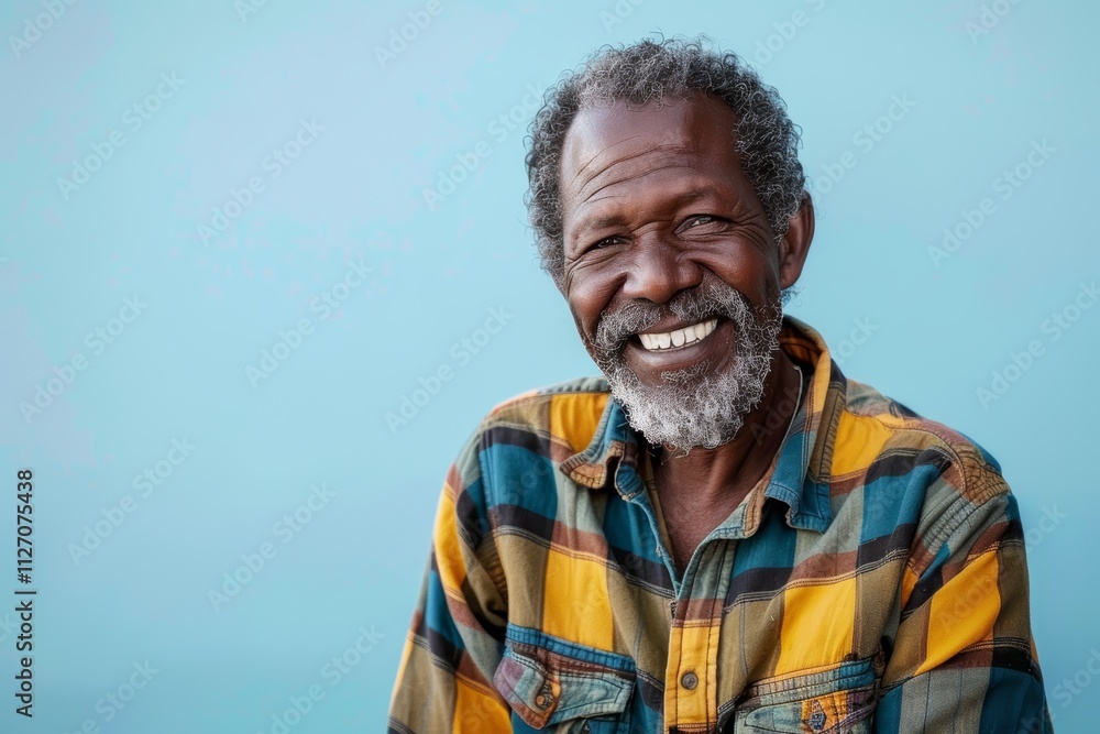 Portrait of a grinning afro-american man in his 70s dressed in a relaxed flannel shirt in front of soft blue background Portrait of a grinning afro-american man in his 70s dressed in a relaxed flannel shirt in front of soft blue background