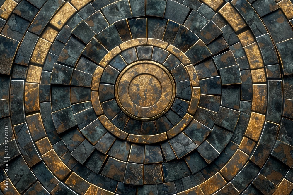 Fototapeta premium Top-down view of an ancient, circular patterned wall with golden and dark gray metal tiles