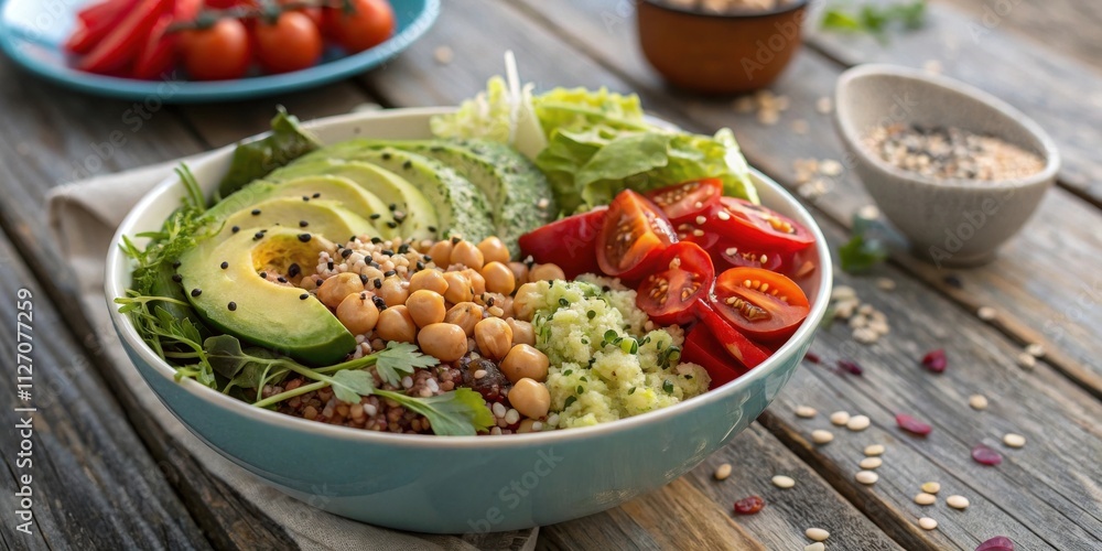 A vibrant bowl of avocado, chickpeas, and other fresh vegetables, a healthy and satisfying meal option. A vibrant bowl of avocado, chickpeas, and other fresh vegetables, a healthy and satisfying meal option.