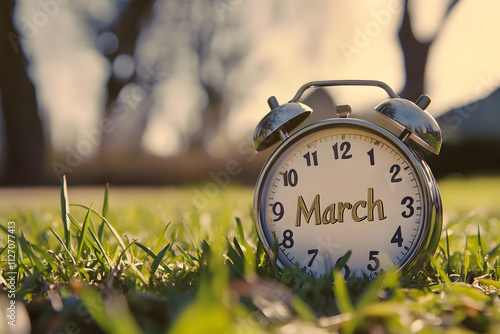 Daylight Saving Time Begins pattern. Vintage Alarm Clock in a Flower Field at Sunrise Time and Nature Concept Stock Image photo