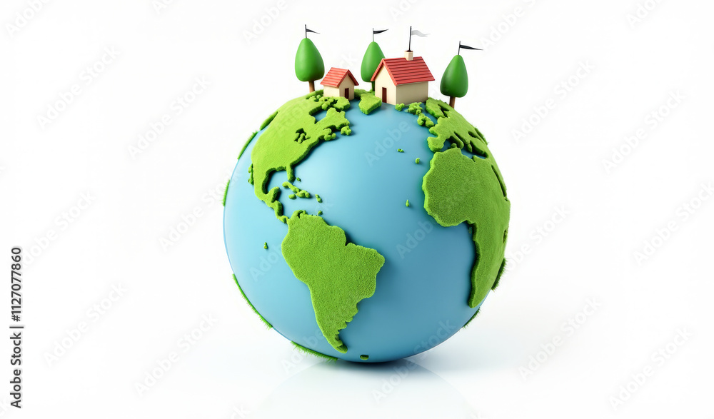 blue-green planet Earth with houses and trees on a white background , the concept of environmental protection blue-green planet Earth with houses and trees on a white background , the concept of environmental protection