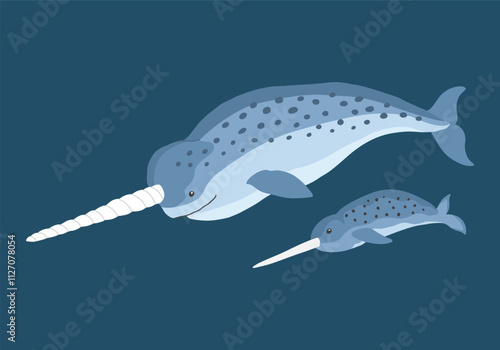 Cute Cartoon Narwhal Whale. Arctic, Polar sea animal. Creature image icon. Vector Illustration.