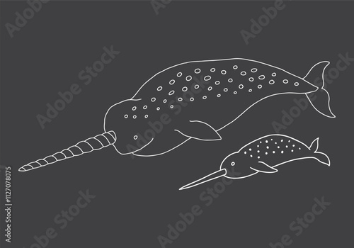 Cute Cartoon Narwhal Whale. Arctic, Polar sea animal. Creature image outline doodle icon. Vector Illustration.