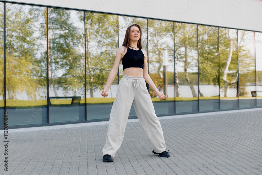 Fototapeta premium A young woman performs an energetic dance move on a paved area
