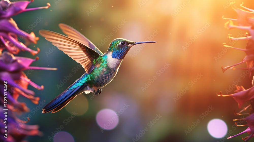 Fototapeta premium Majestic Hummingbird in Flight with Vibrant Feathers and Blurred Background Flowers