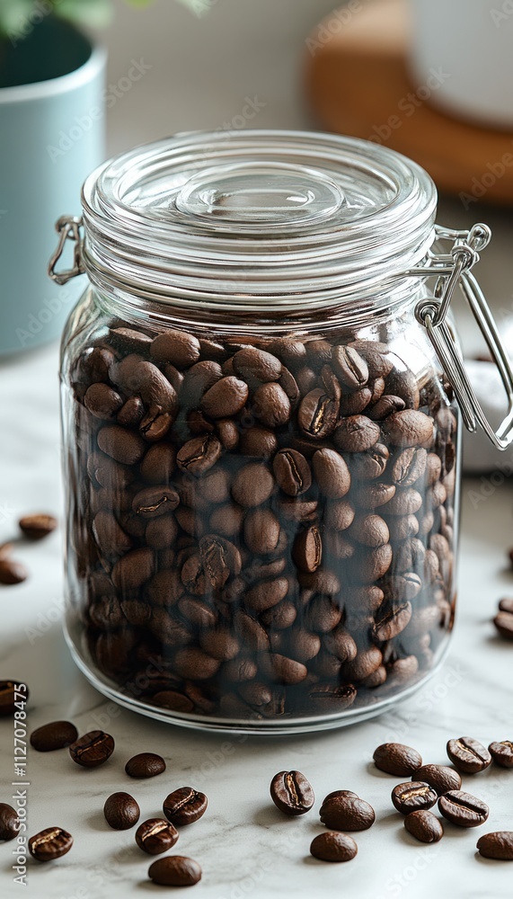 A glass jar filled with roasted coffee beans, surrounded by scattered beans on a countertop. A glass jar filled with roasted coffee beans, surrounded by scattered beans on a countertop.