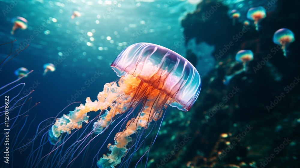 Glowing Translucent Jellyfish Floating Gracefully in Dreamy Underwater Scene Glowing Translucent Jellyfish Floating Gracefully in Dreamy Underwater Scene