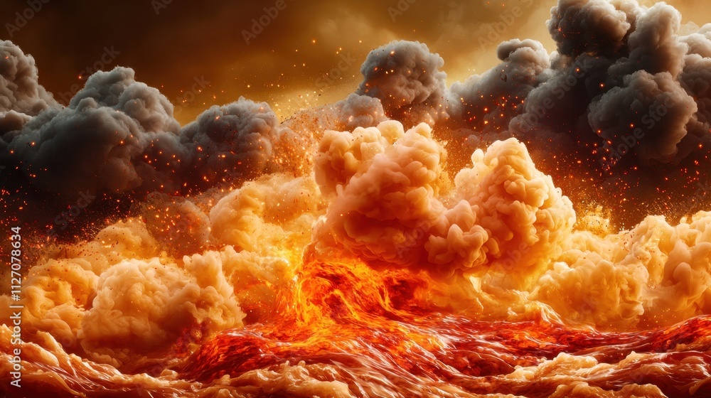 The explosion border features billowing dark smoke intertwining with flowing streams of fiery red lava, creating a mesmerizing display of destruction and chaos. The explosion border features billowing dark smoke intertwining with flowing streams of fiery red lava, creating a mesmerizing display of destruction and chaos.