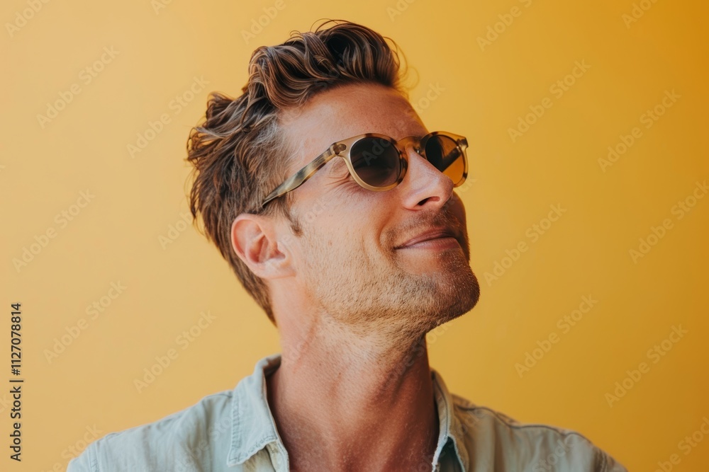 Portrait of a satisfied caucasian man in his 30s wearing a trendy sunglasses in front of soft yellow background Portrait of a satisfied caucasian man in his 30s wearing a trendy sunglasses in front of soft yellow background
