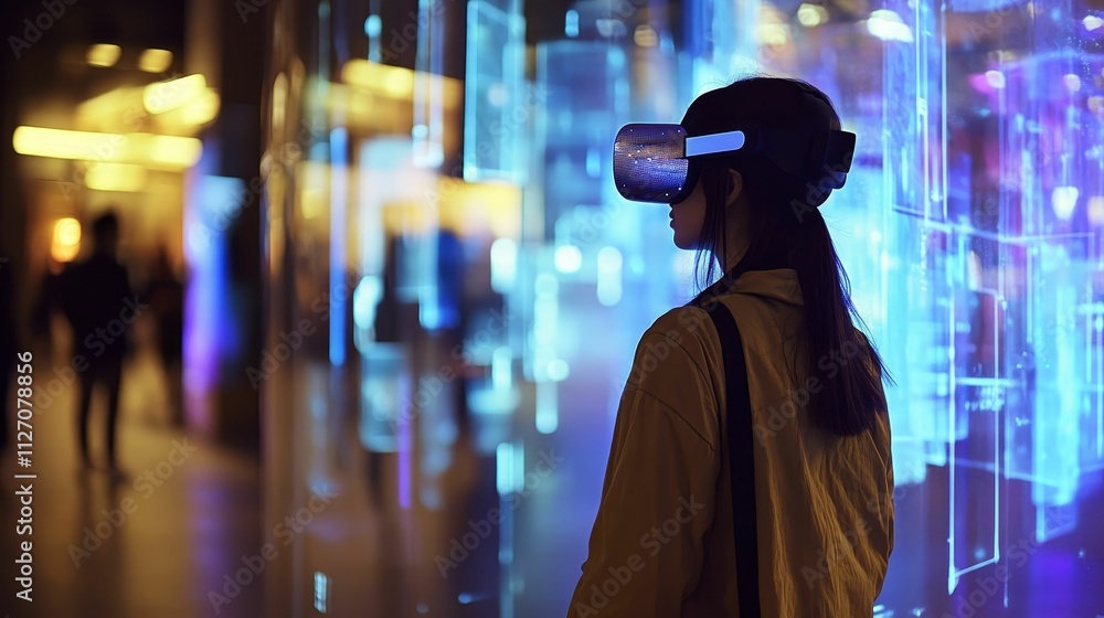 Person uses headset, viewing colorful virtual display. Person uses headset, viewing colorful virtual display.