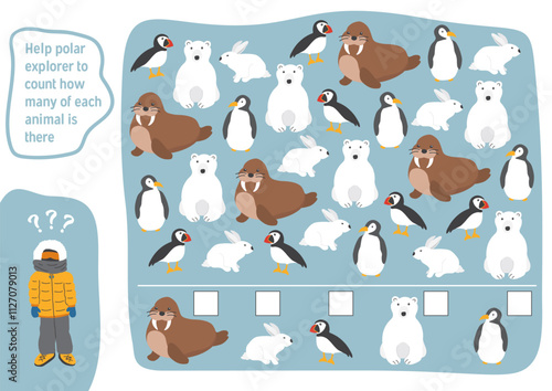 Math game for children with cute cartoon polar animals, Logical activities for kids, Count the number of animals. Vector illustration.